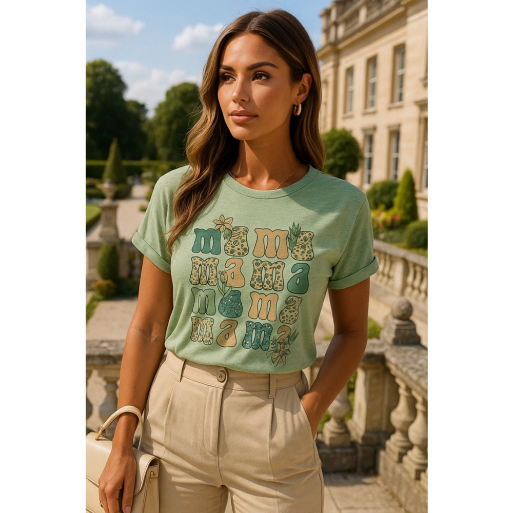 Mama Graphic Print Tee Leopard Sage Green Soft Boho Retro XL Soft Material Retro